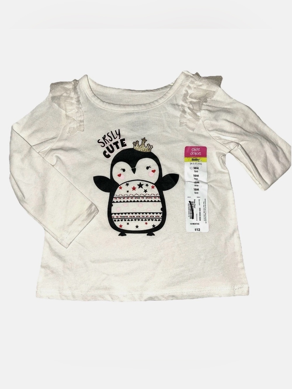 Okie Dokie Toddler Girl Srsly Cute Penguin Shirt 18 Months NWT Hearts Stars Dots
